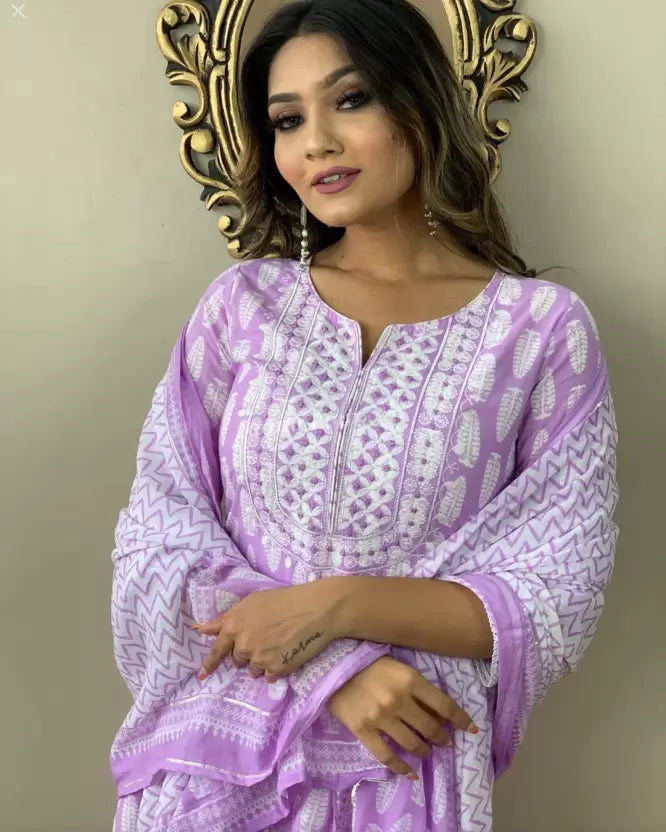Women Cotton Blend Purple White Kurta set