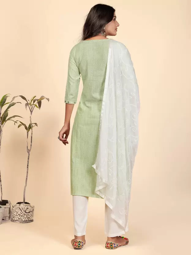 Women Cotton Light Green Kurta set with Dupatta