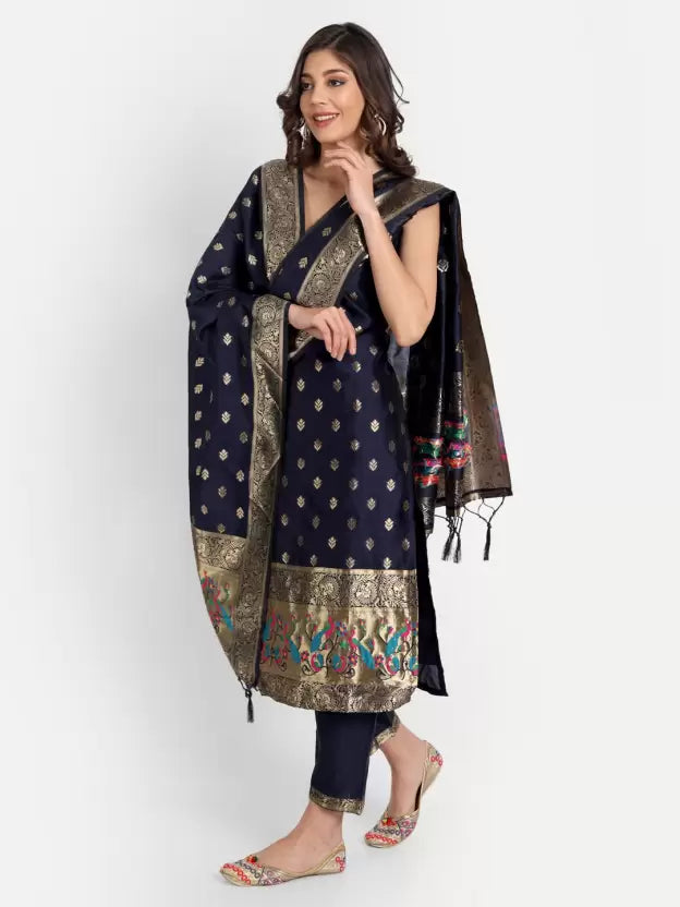 Women Cotton Silk Blue Kurta set with Dupatta