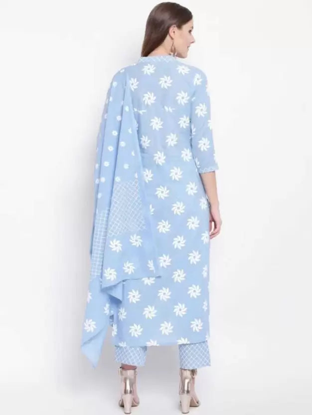 Women Cotton Sky Blue Kurta set