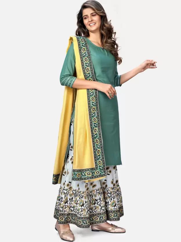Women Cotton Teal Green and white Kurta Set