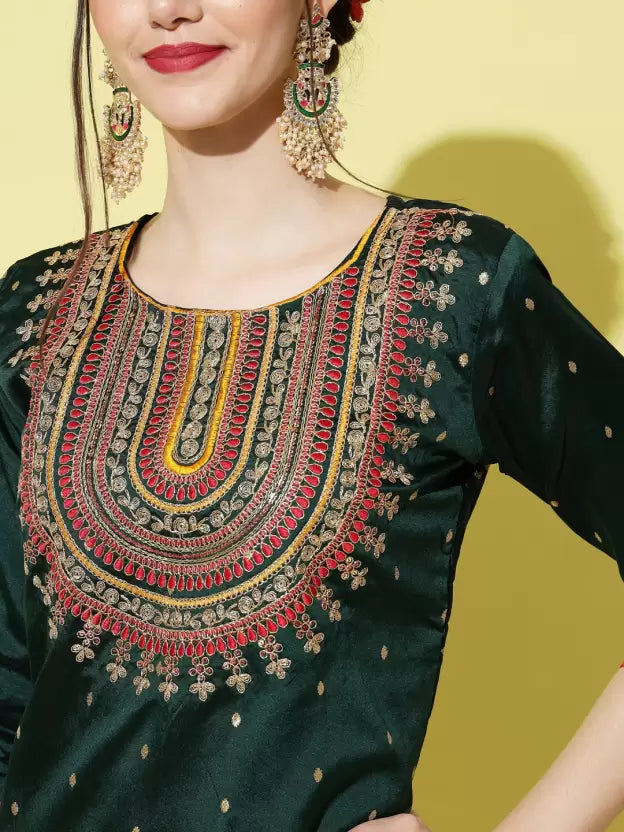 Women Dark Green Embroidered Silk Blend Kurta set