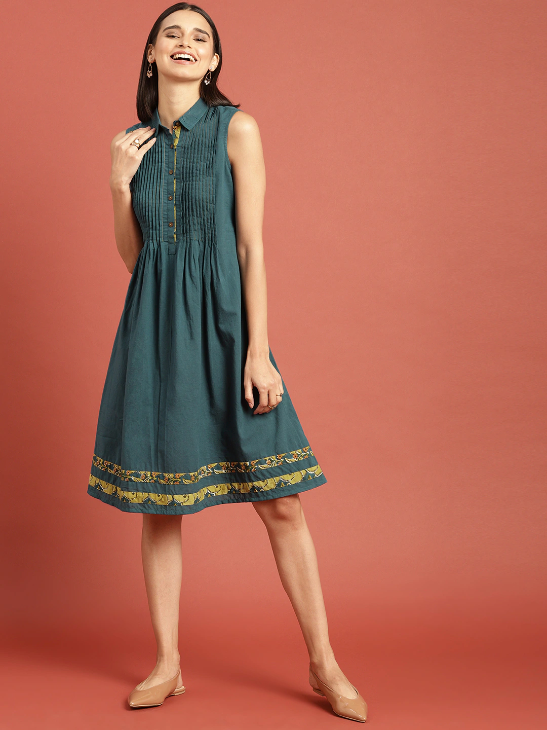 Women A-Line Dress with Pleats & Pockets