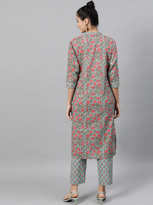 Women Green Blue Pink Printed Kurta set