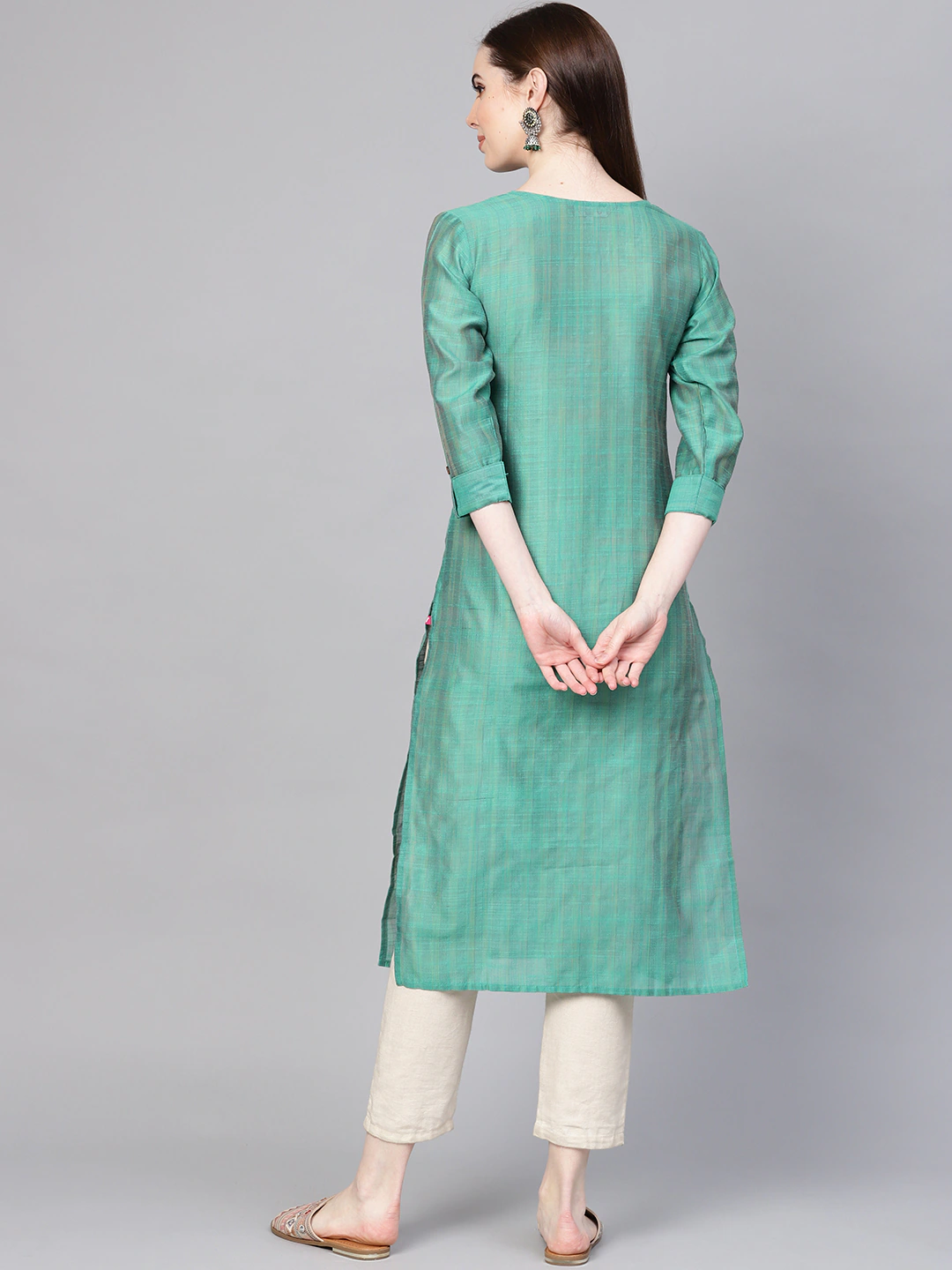 Women Green Checked Silk Straight Kurta
