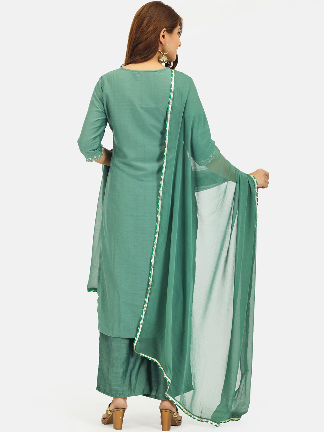 Women Green Embroidered Kurta with Palazzos & Dupatta