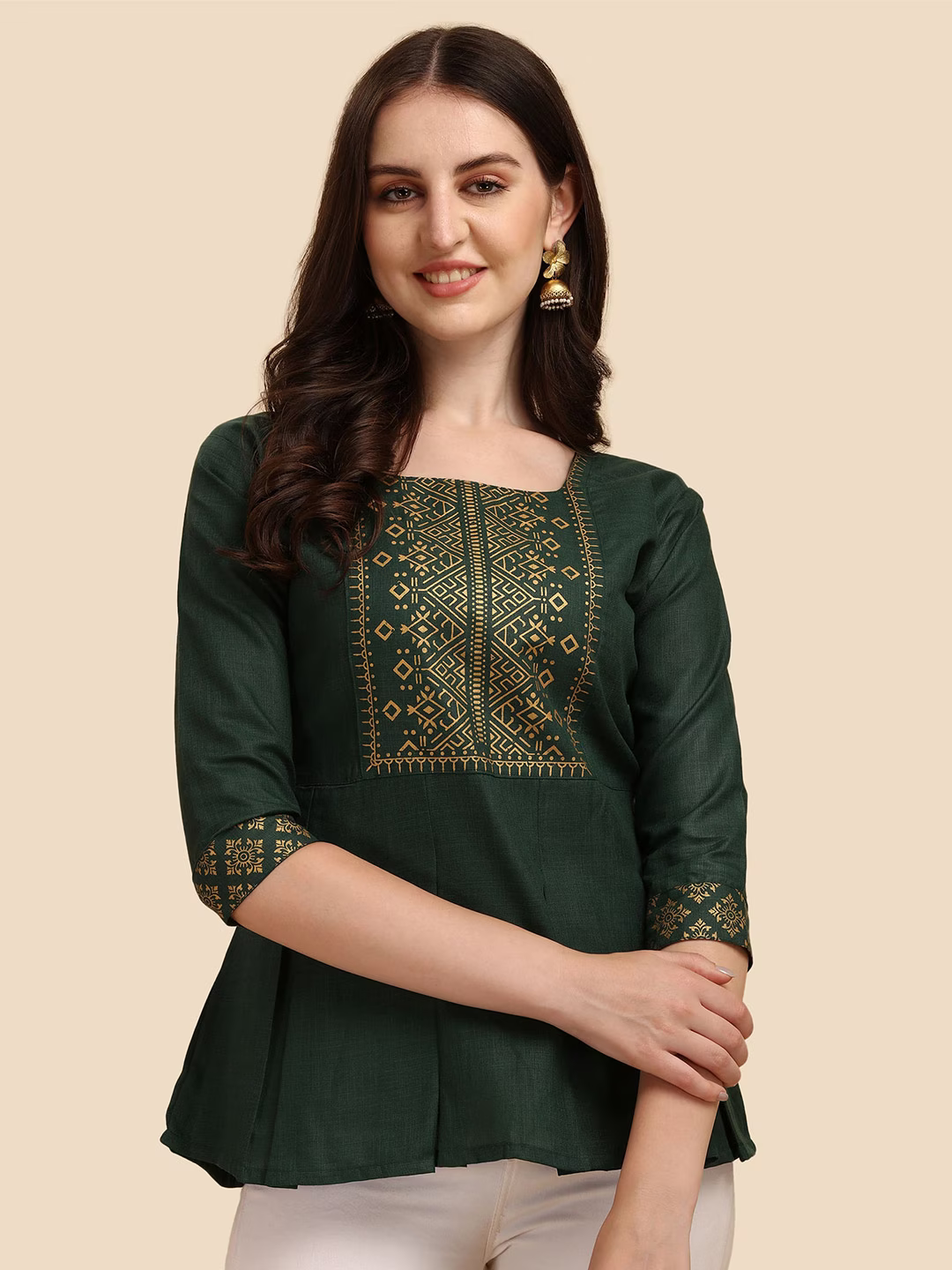 Women Green Ethnic Motifs Printed A-Line Top