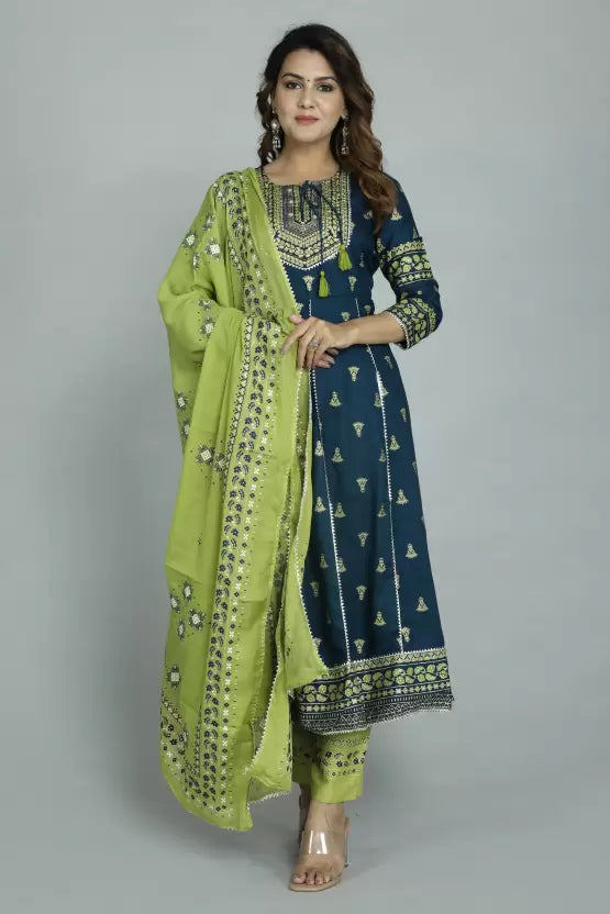 Women Viscose Rayon Green Anarkali Kurta set