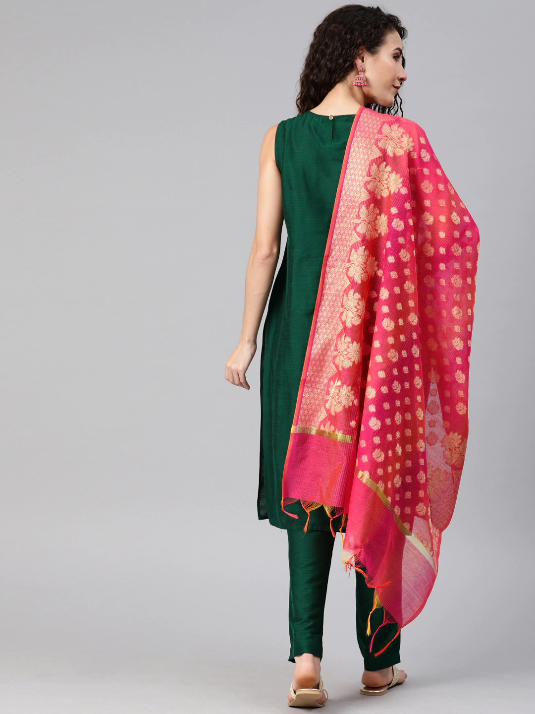 Women Green Kurta Trousers & Dupatta Set