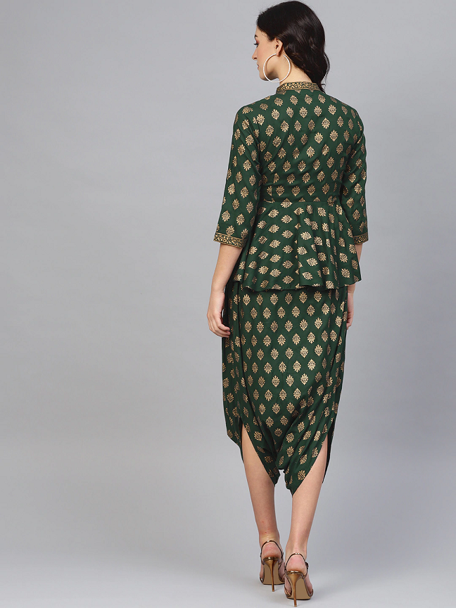 Women Green & Golden Dhoti Style Printed Basic Jumpsuit