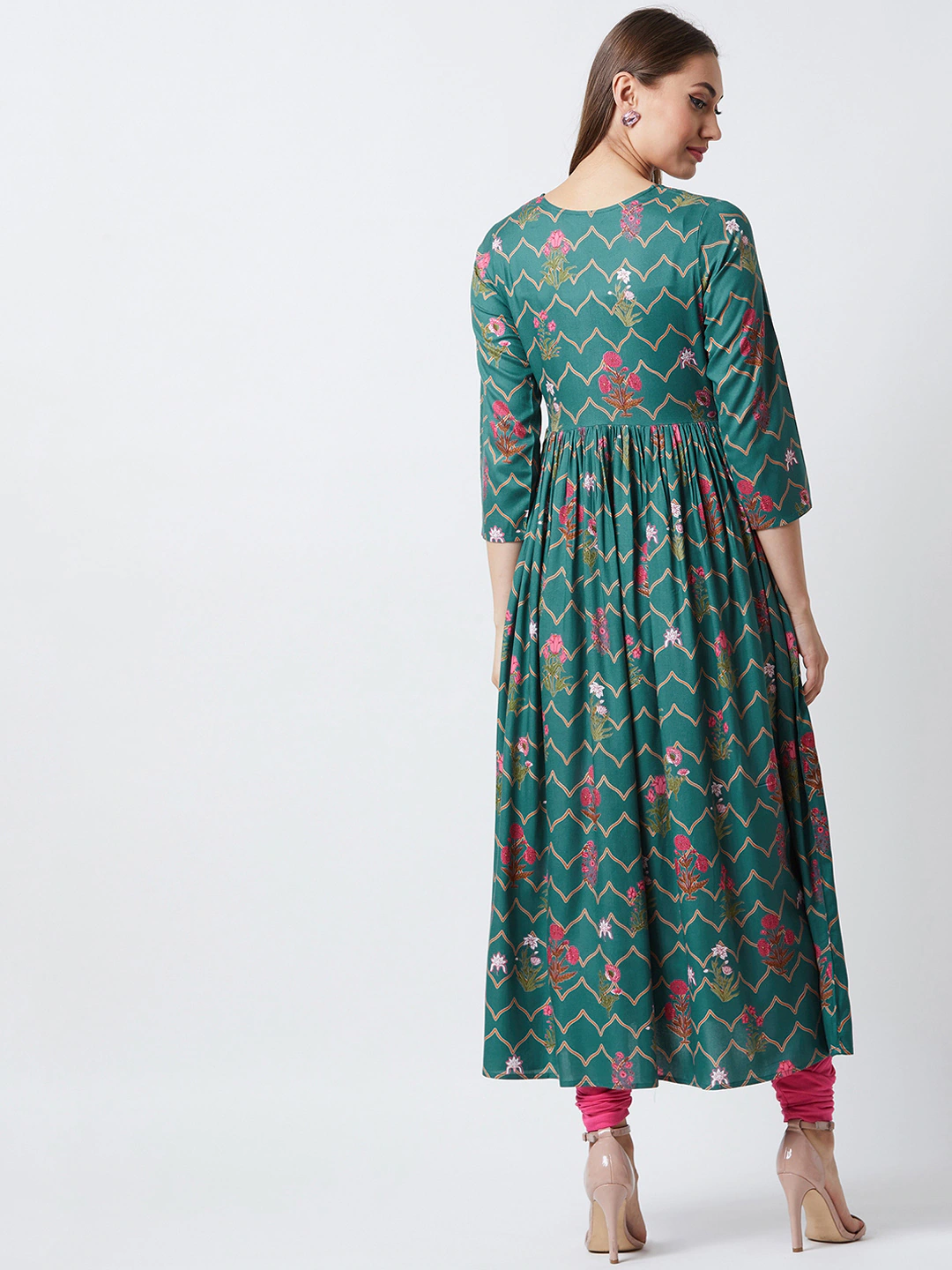 Women Green & Pink A-Line Kurta