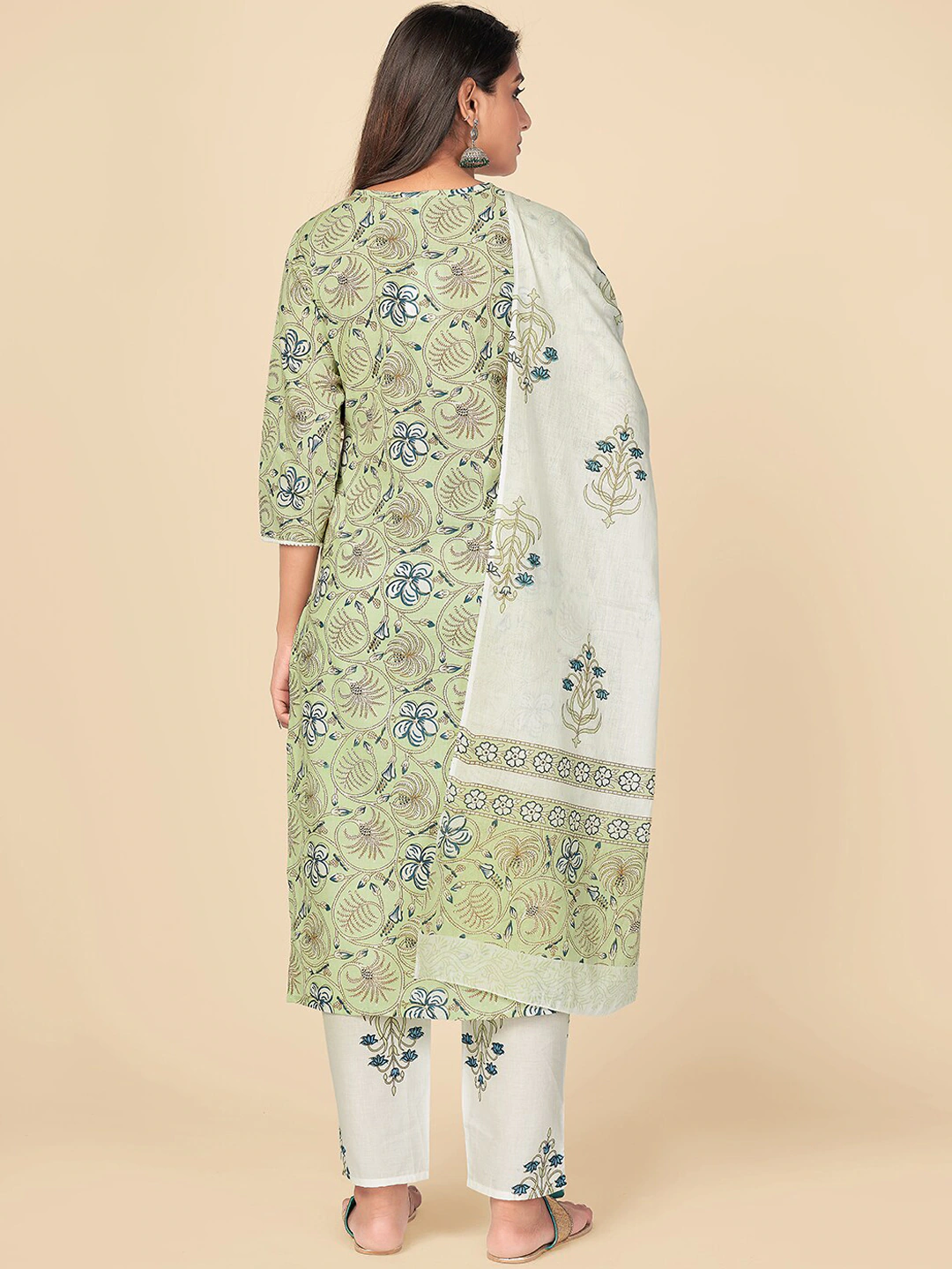 Women Green & White Floral Printed Kurta Set
