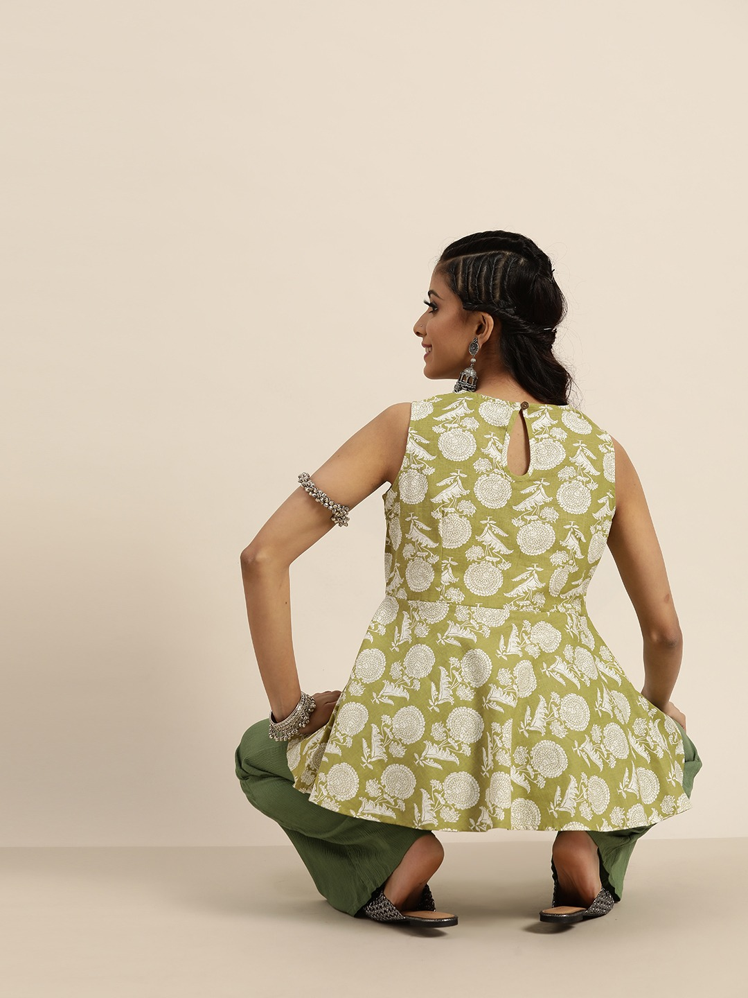 Women Green & White Printed A-Line Top