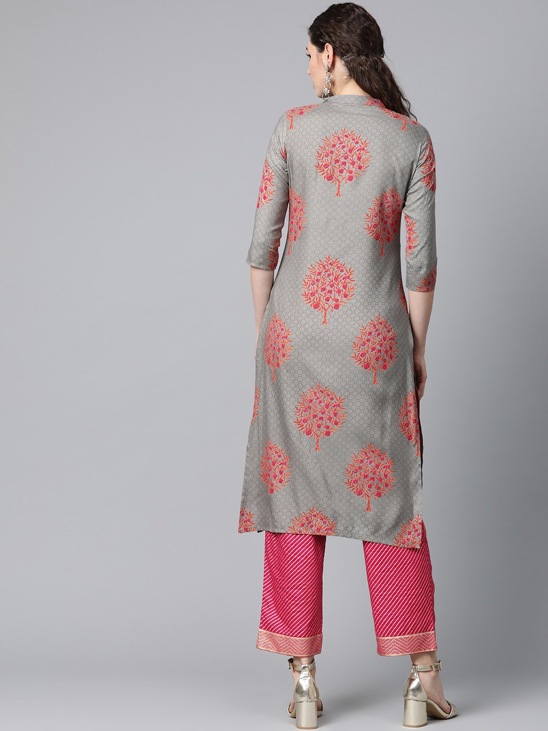 Women Grey & Pink Printed Kurta with Trousers