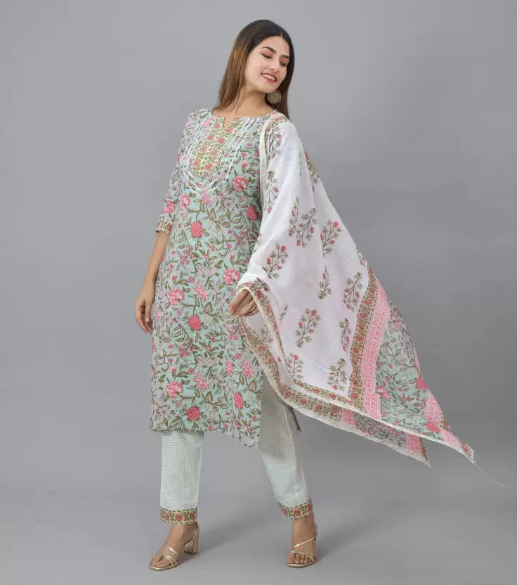 Women Cotton Blend Kurta Pant And Dupatta Set