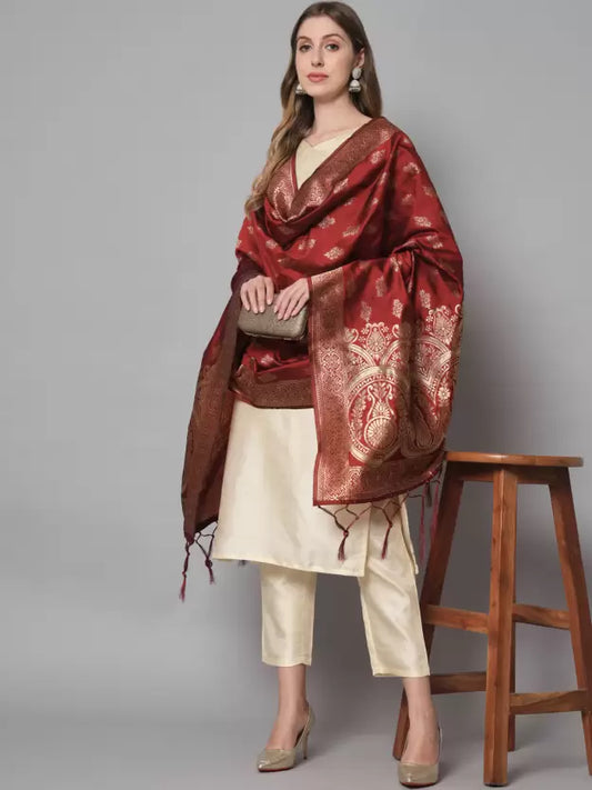 Women Kurta Pant And Dupatta Set Cotton Silk