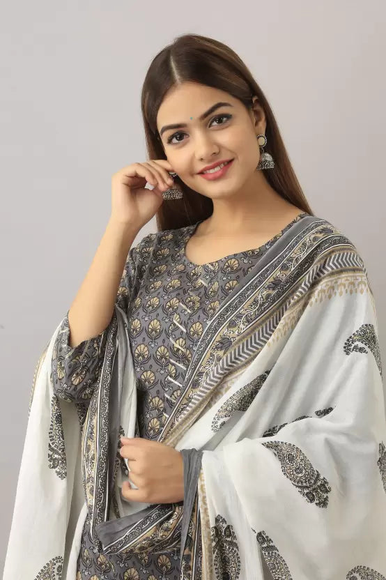 Women Pure Cotton Kurta Pant And Dupatta Set