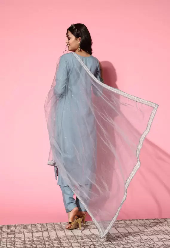 Women Kurta Pant And Dupatta Set Silk Blend