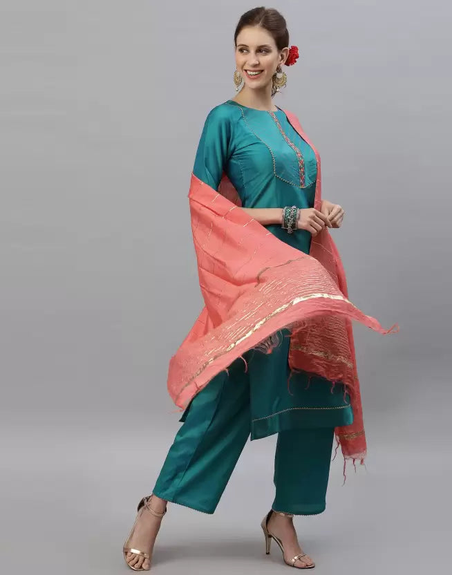 Women Kurta Pant And Dupatta Set Silk Blend