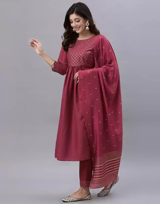 Women Kurta Pant And Dupatta Set Silk Blend
