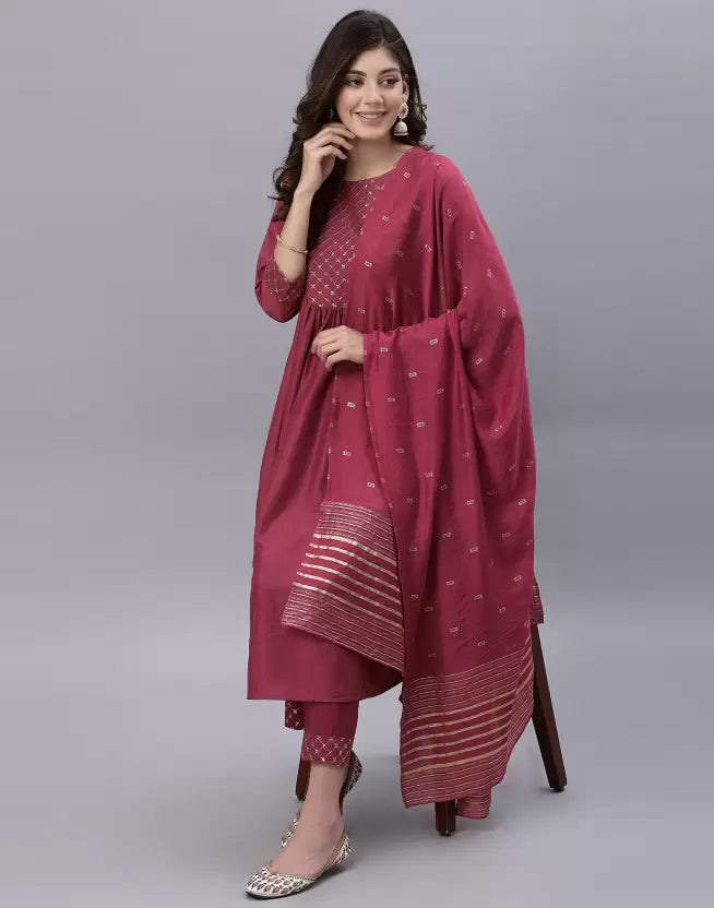 Women Kurta Pant And Dupatta Set Silk Blend