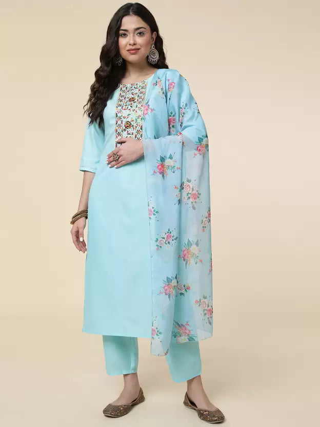 Women Kurta Pyjama & Dupatta Set Cotton Blend