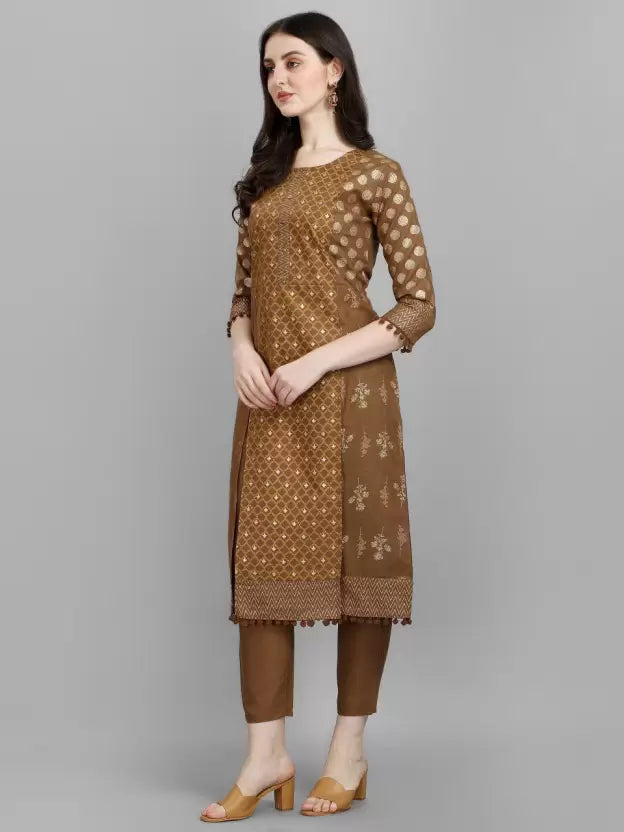 Women Kurta and Trousers Set Cotton Blend