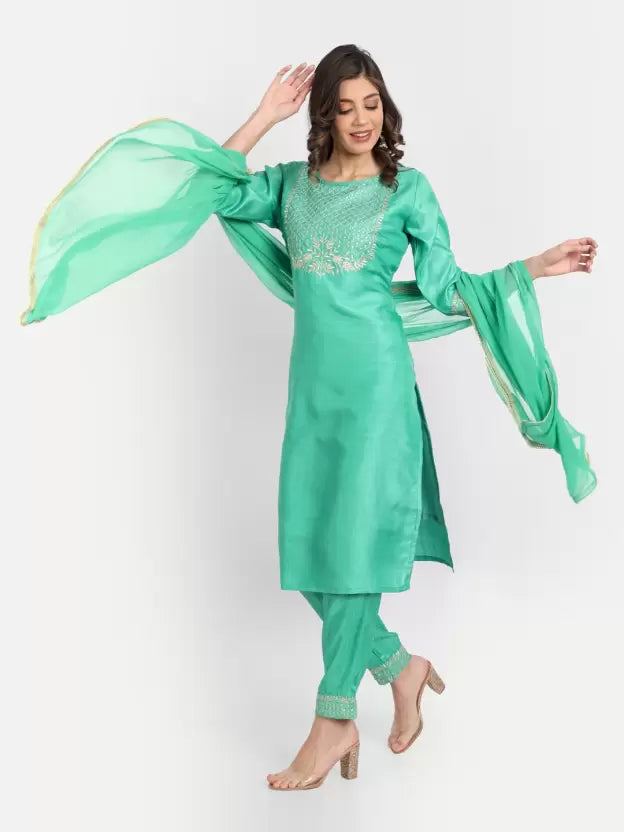 Women Light Green Cotton Blend Kurta set