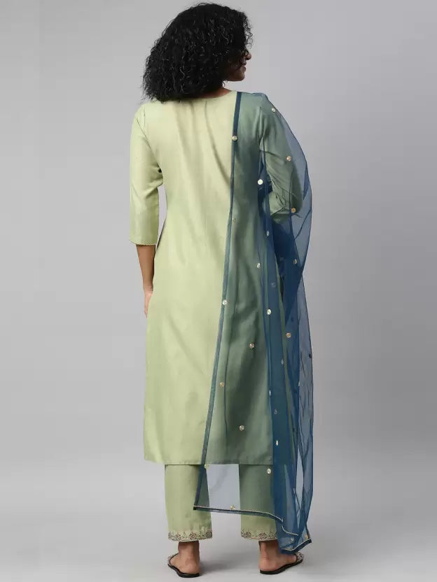 Women Light Green Kurta set with Blue Dupatta