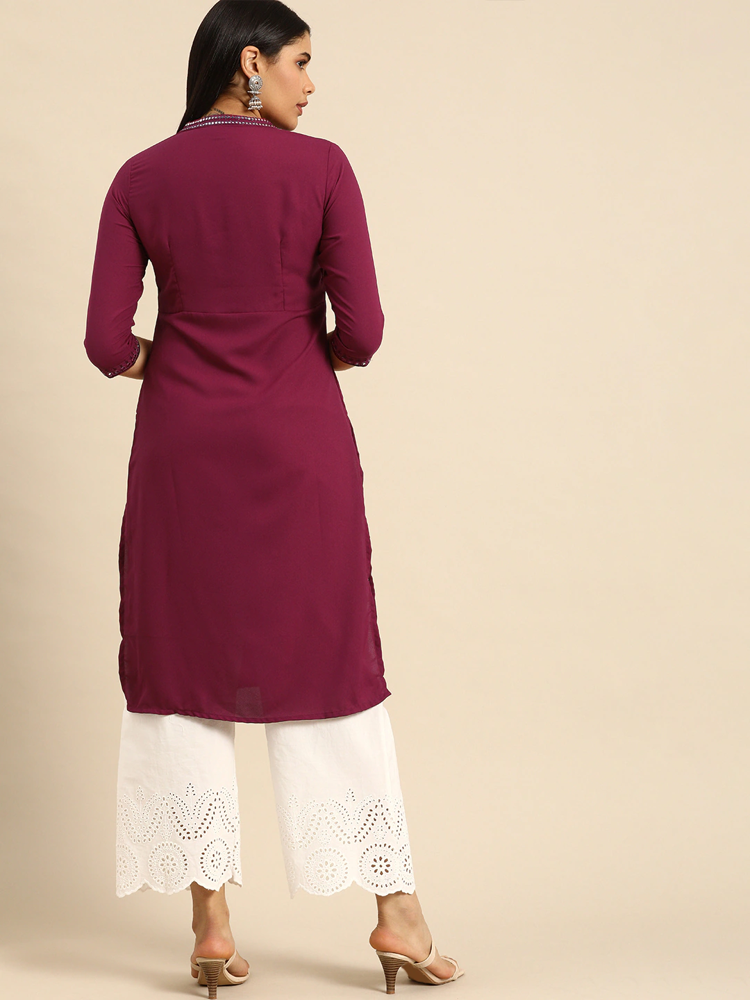 Women Magenta Embroidered Mirror Work Kurta Top