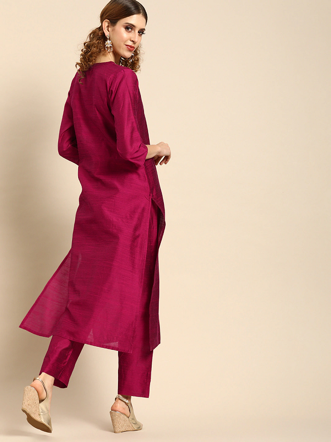 Women Magenta Pink Embroidered Kurta with Trousers