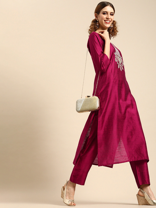 Women Magenta Pink Embroidered Kurta with Trousers