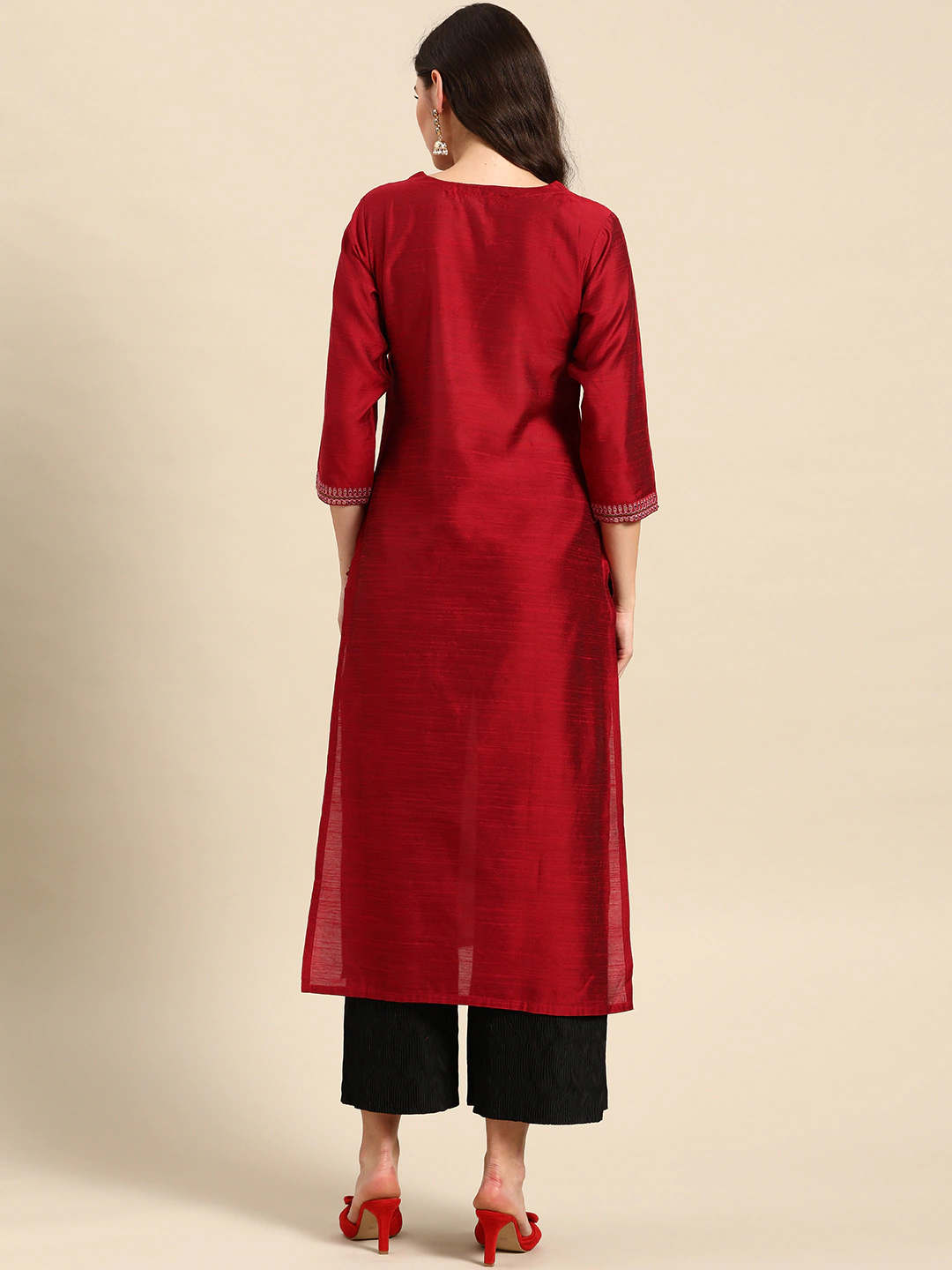Women Maroon Embellished Straight Kurta