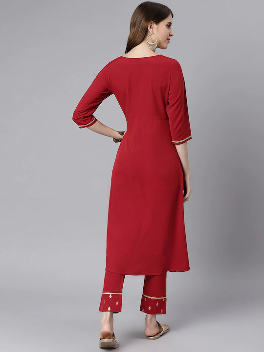 Women Red & Golden Yoke Design Kurta Set