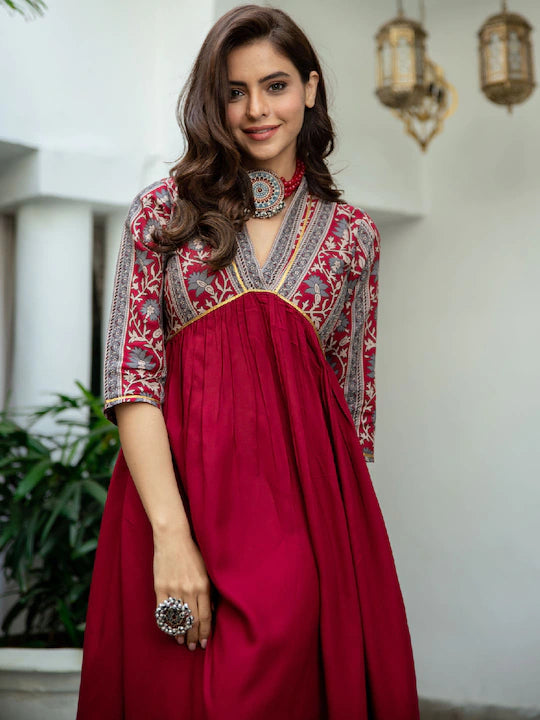 Women Maroon Printed A-line Dress