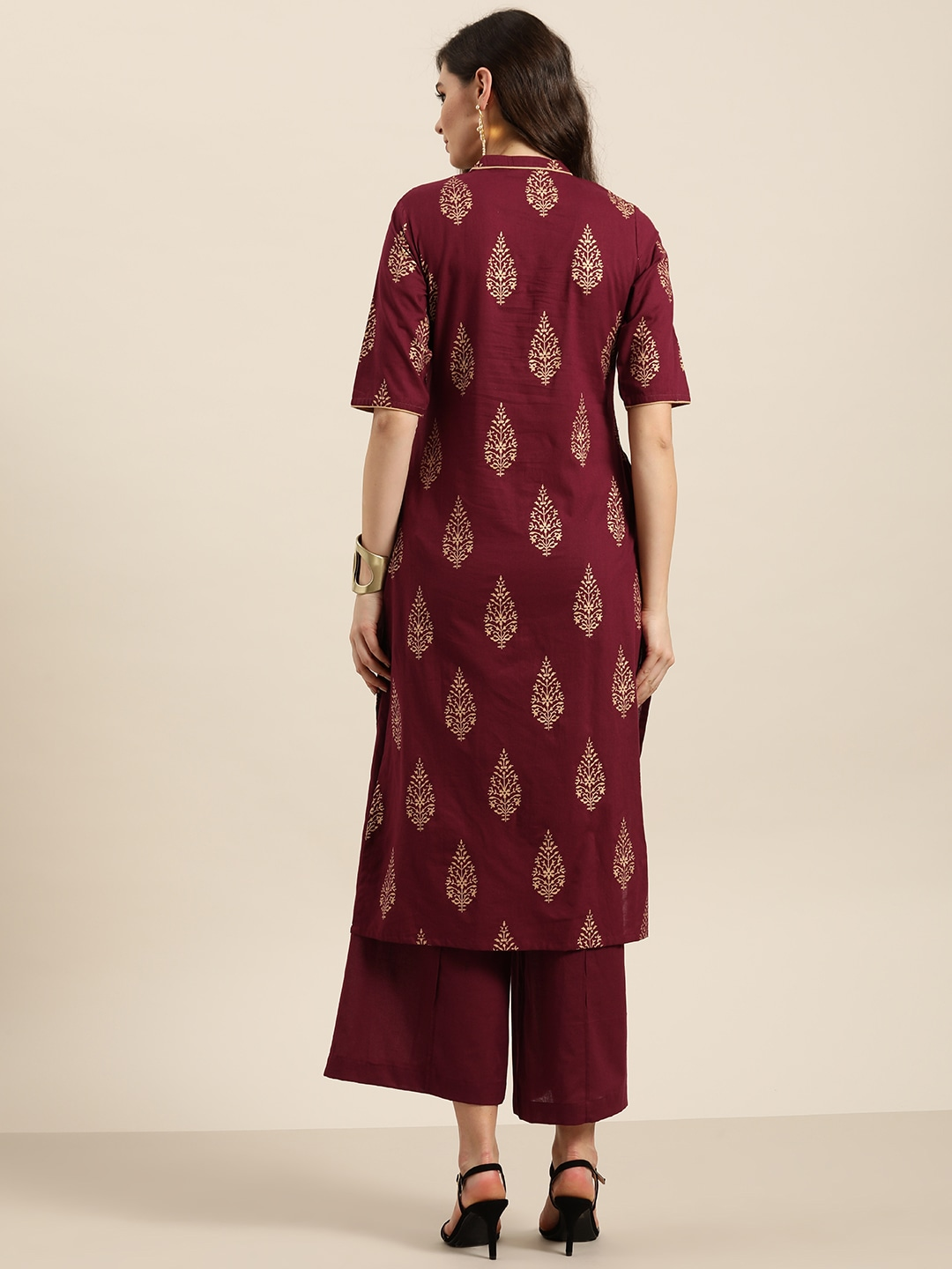 Women Maroon & Golden Cotton Set