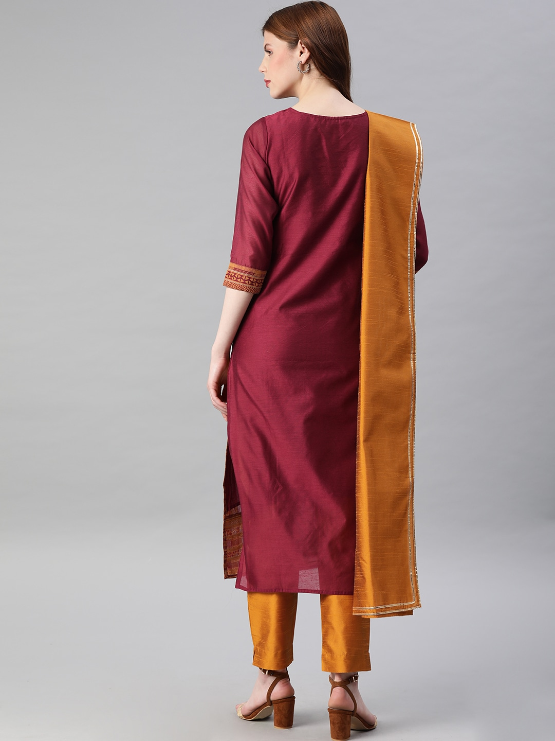 Women Maroon & Mustard Yellow Kurta Set
