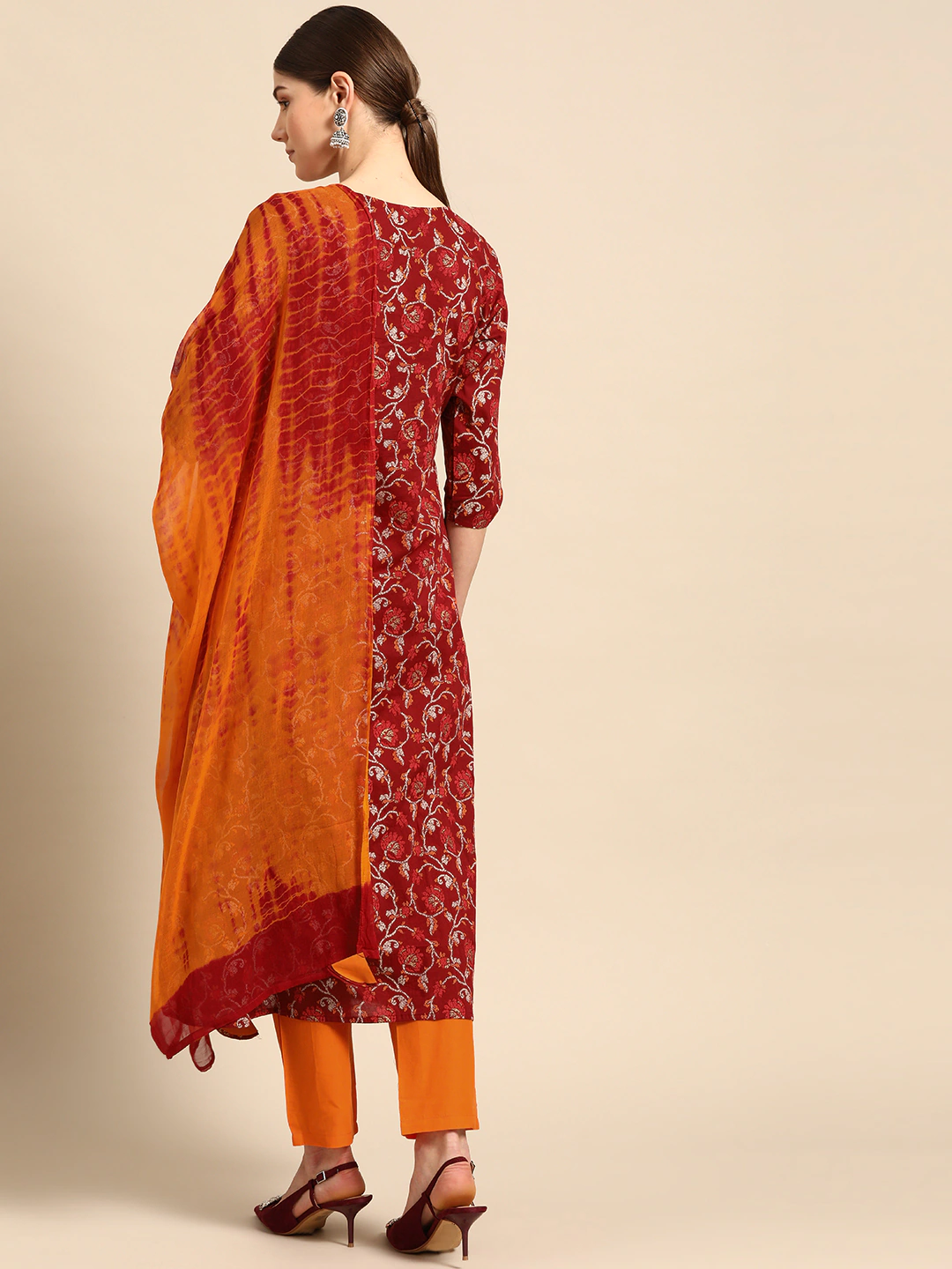 Women Maroon & Orange Kurta Set