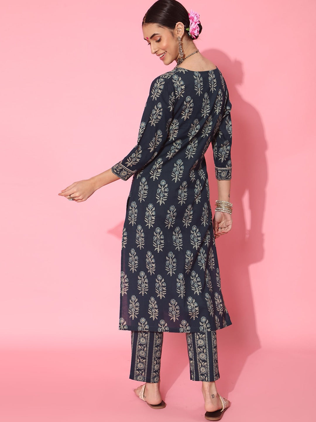 Women Navy Blue Embroidered Cotton Kurta Set