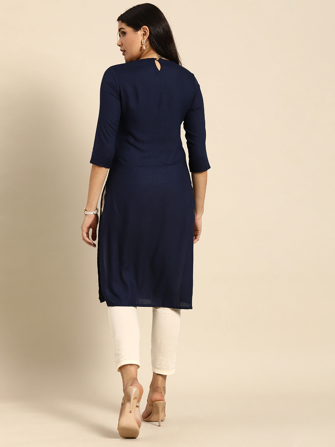 Women Navy Blue Floral Yoke Design Kurta Top