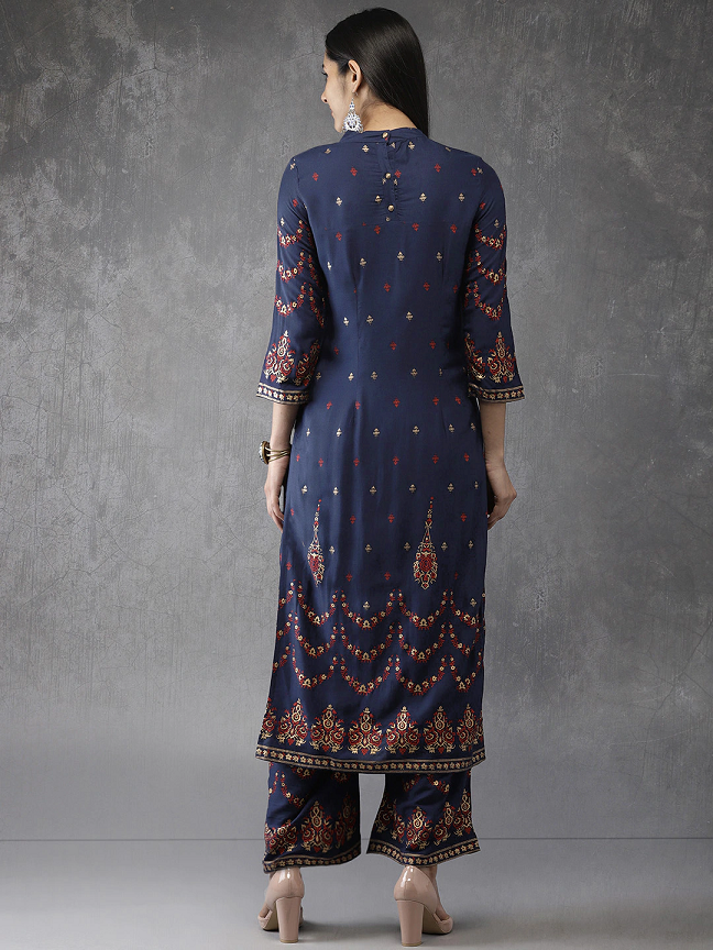 Women Navy Blue Printed Kurta with Palazzos