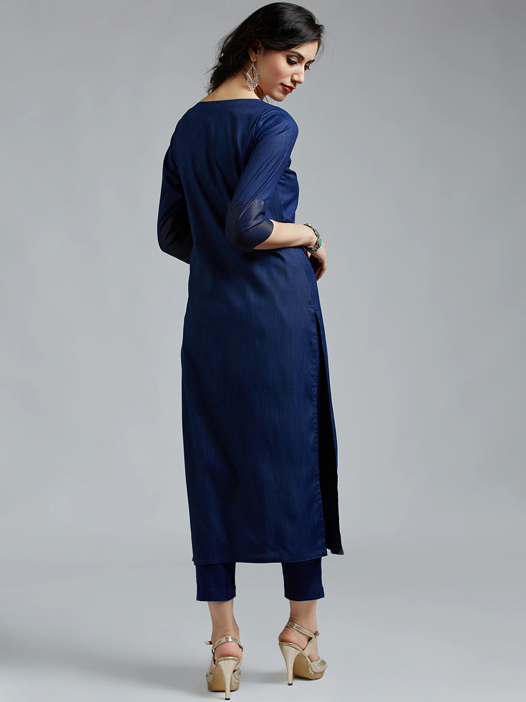 Women Navy Blue Printed Kurta with Trousers