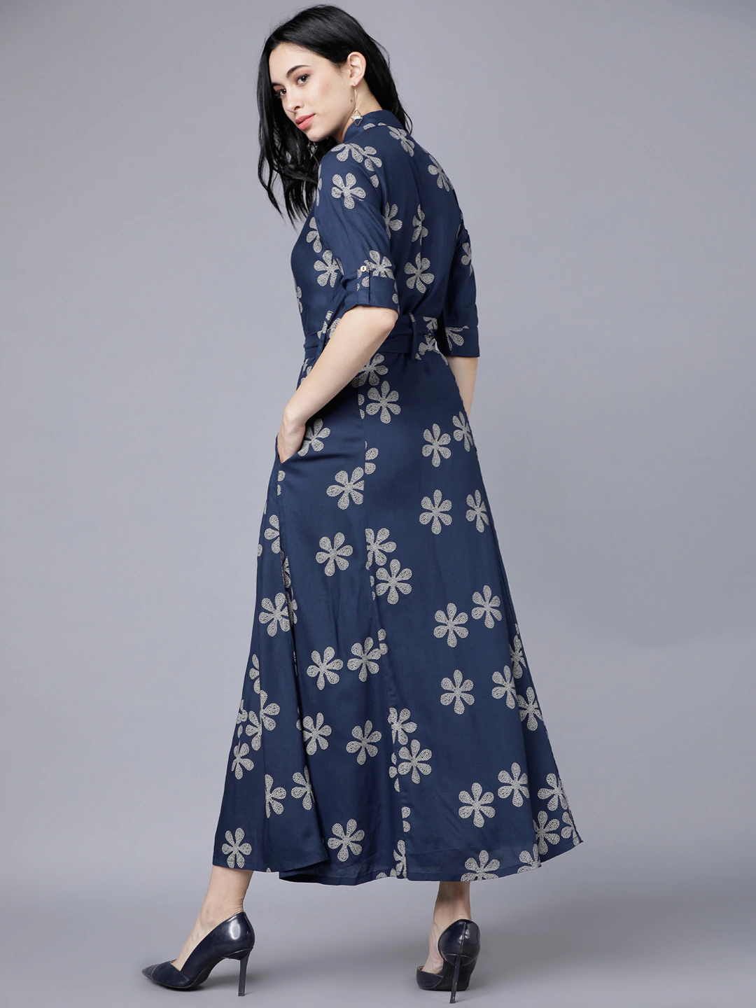 Women Navy Blue Printed Shirt Dress
