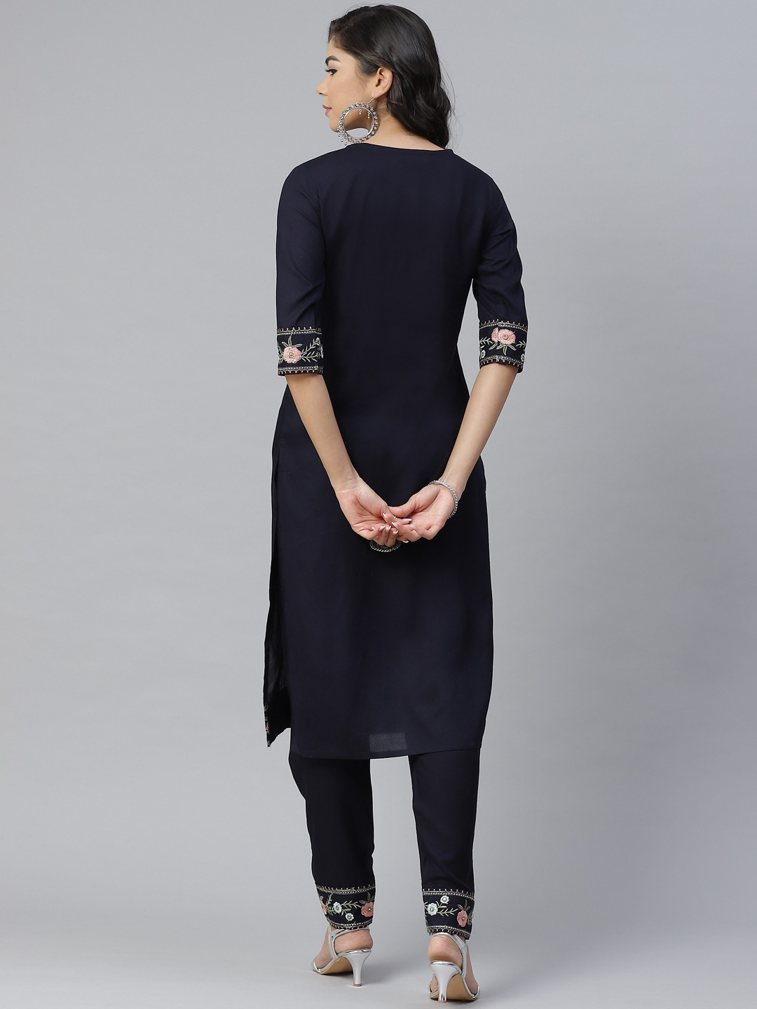 Women Navy Blue Embroidered Kurta with Palazzos