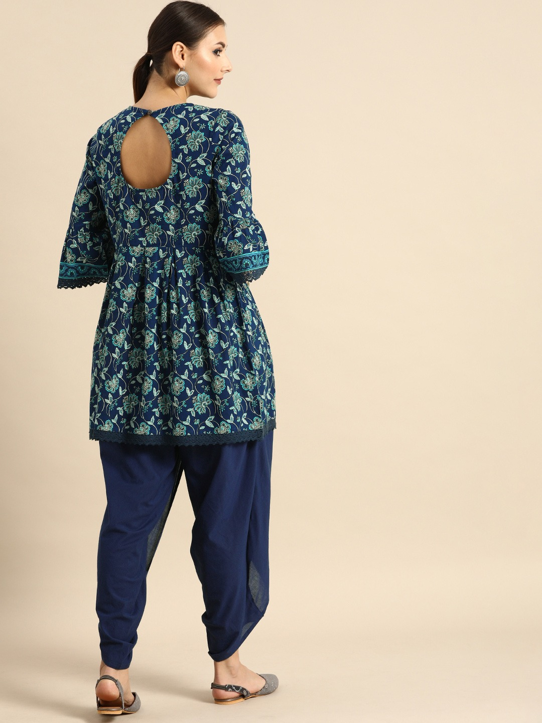 Women Navy Blue Floral Printed Kurti Dhoti Set