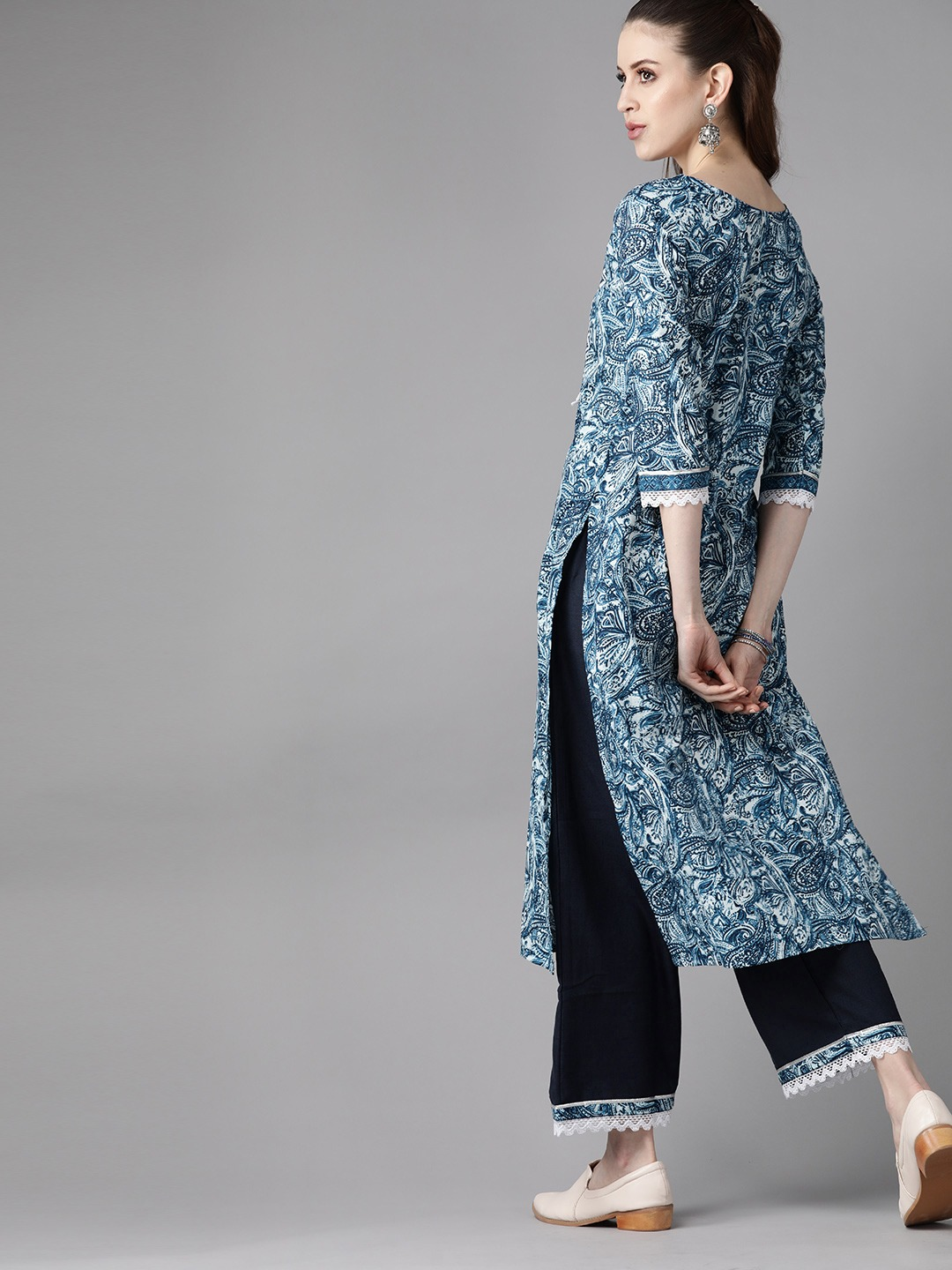 Women Navy Blue Printed Kurta with Palazzos