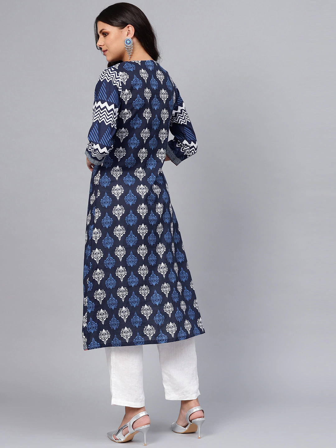 Women Navy Blue Printed Layered Kurta