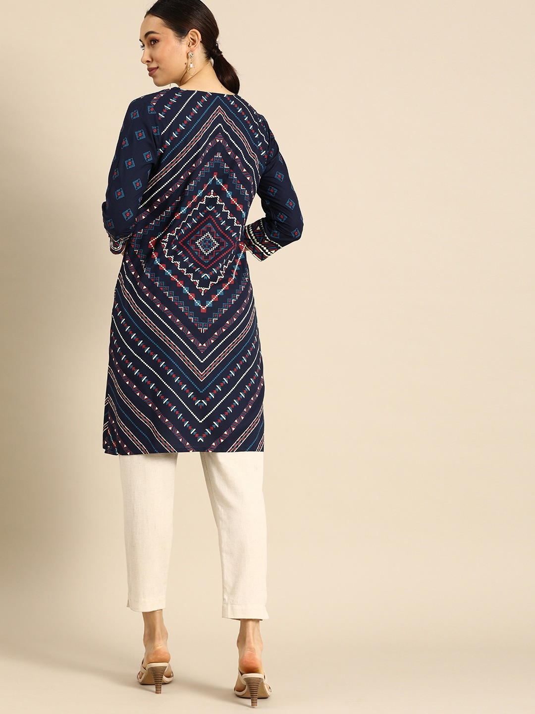 Women Navy Blue Motifs Printed Kurta