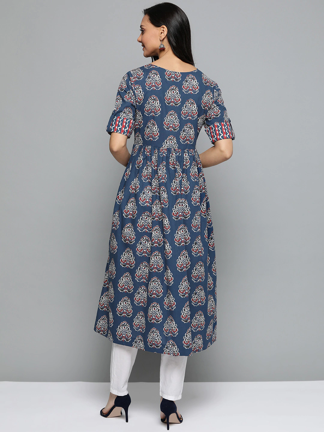 Women Navy Blue Ethnic Printed A-Line Kurta