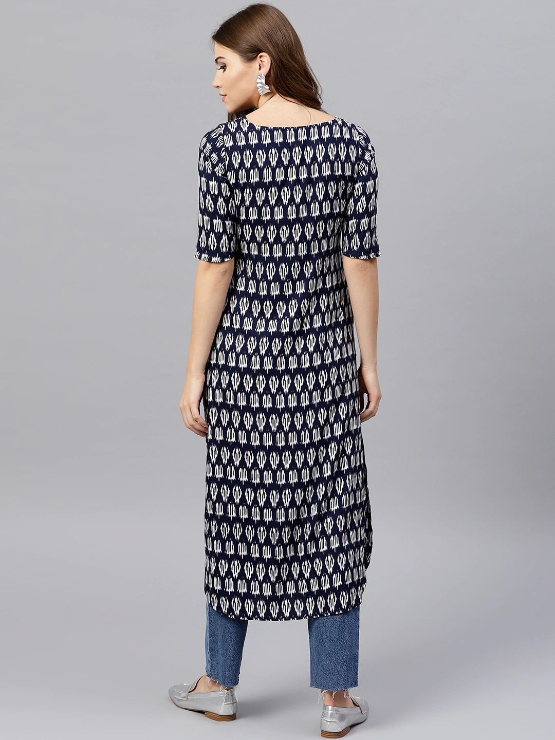 Women Navy Blue Printed Straight Kurta